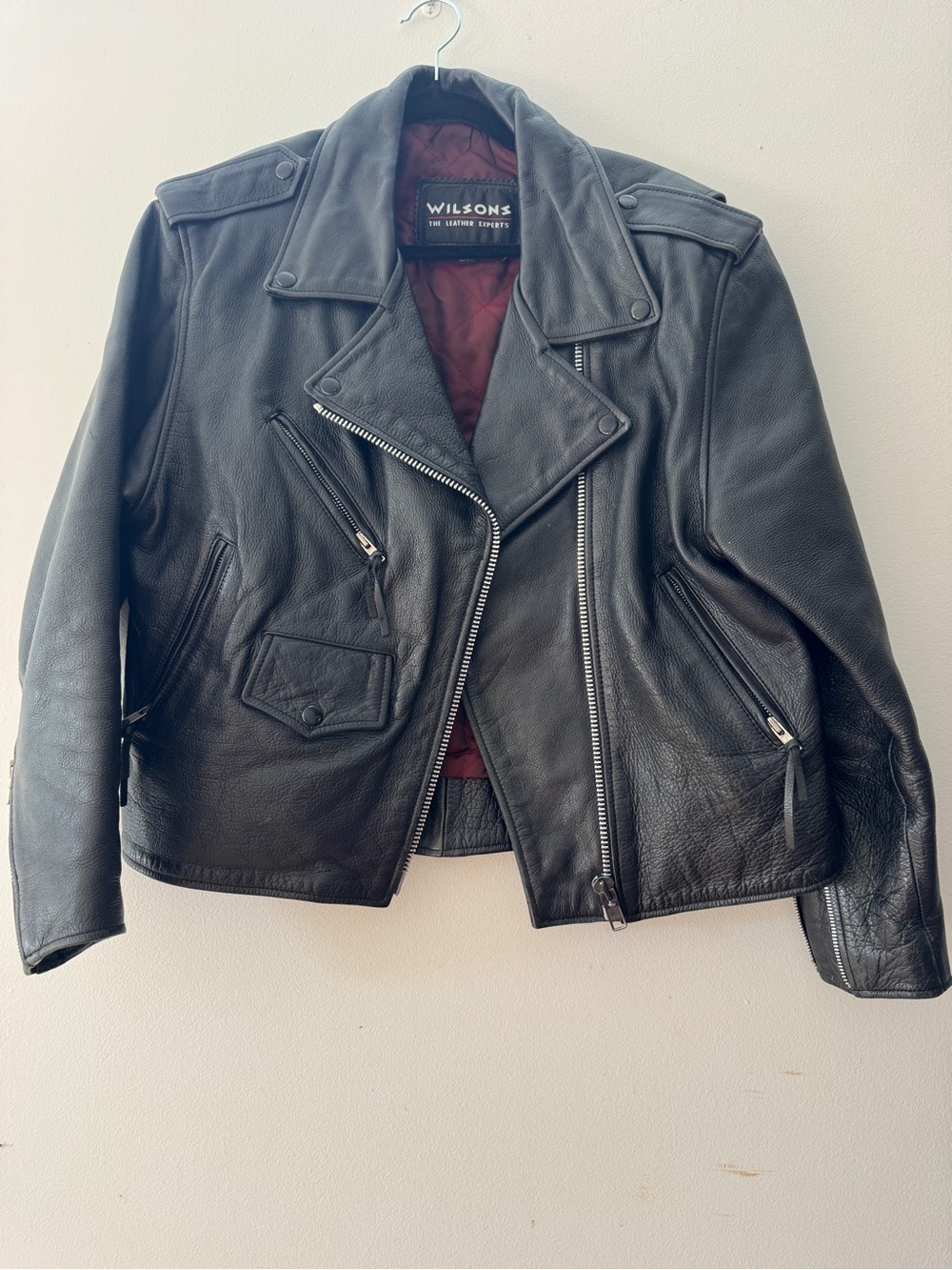 Wilson Black Leather Biker Jacket with Quilted Burgundy Lining